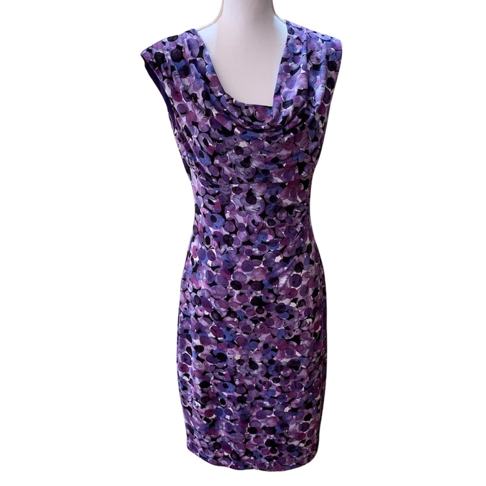 SLEEVELESS COWL NECK PURPLE PATTERN RUCHED WAIST SHEATH MIDI DRESS SIZE 8